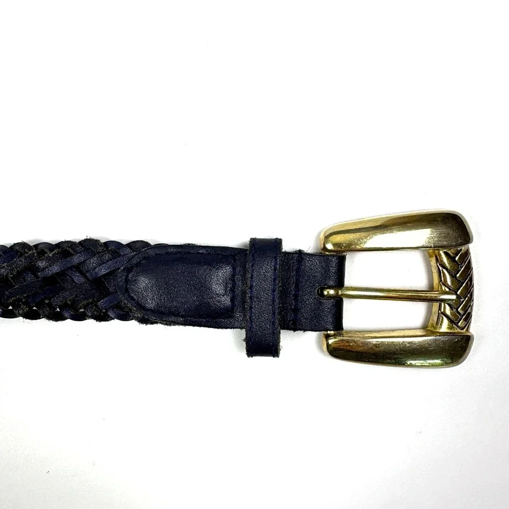 VTG 80s Chic Brand Braided Genuine Leather Belt Womans Sz L Navy Blue‎ Gold Tone